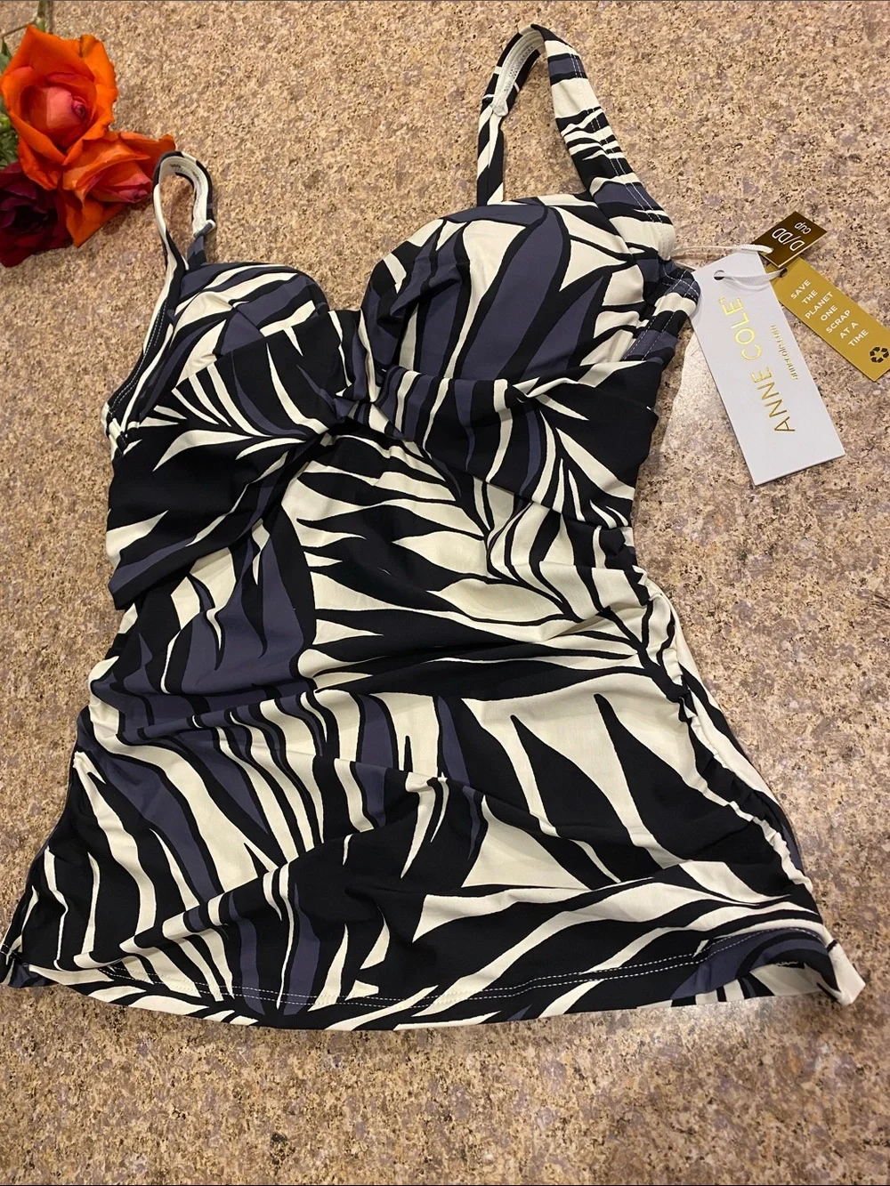 Anne Cole Twist Front Tankini Top 32DD 34D 25MT26545 NWT Black White Geometric